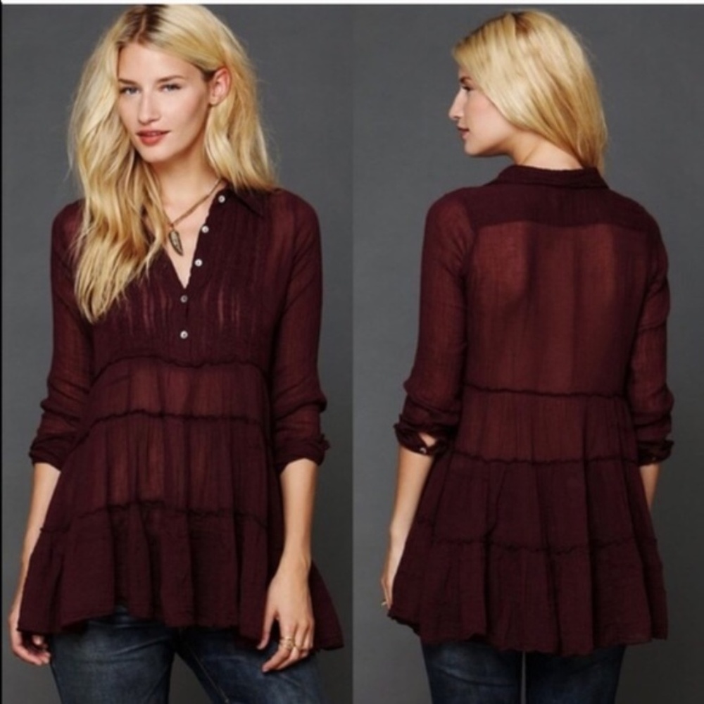 Free People Burgundy Tiered Peasant Tunic